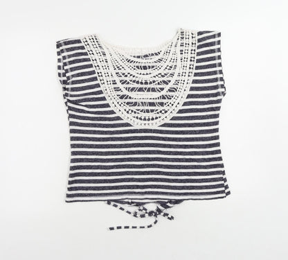 Aniston Womens Blue Striped Cotton Basic T-Shirt Size 14 Round Neck - Crochet Detail