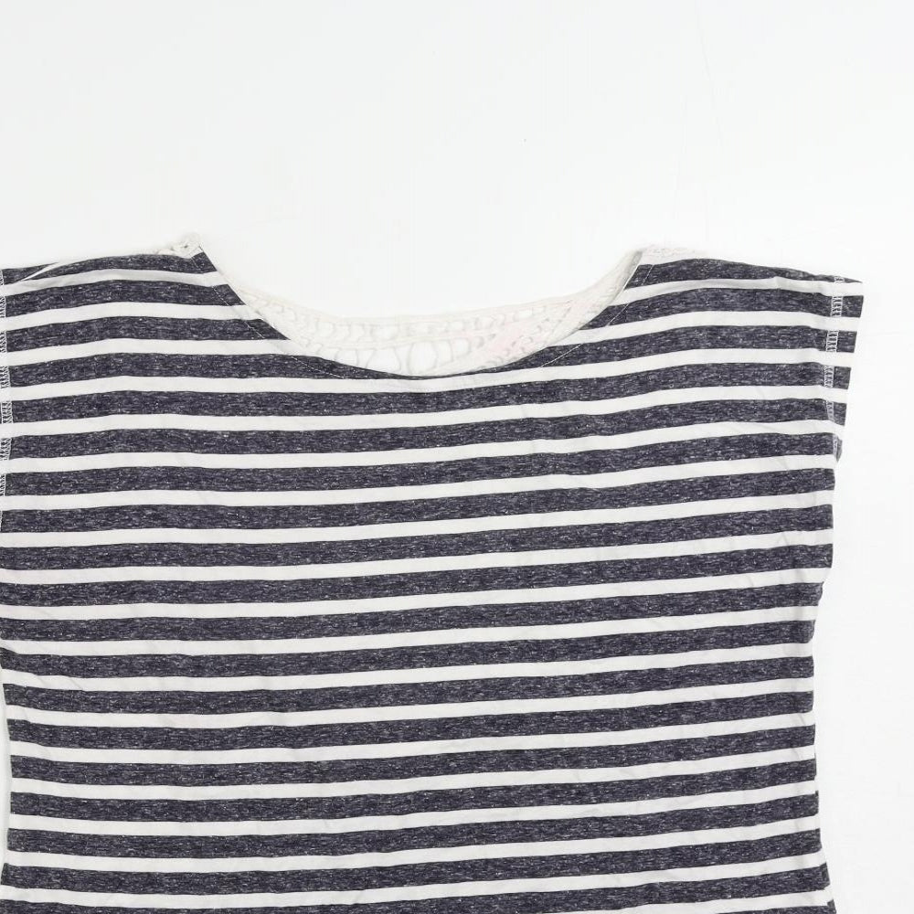 Aniston Womens Blue Striped Cotton Basic T-Shirt Size 14 Round Neck - Crochet Detail