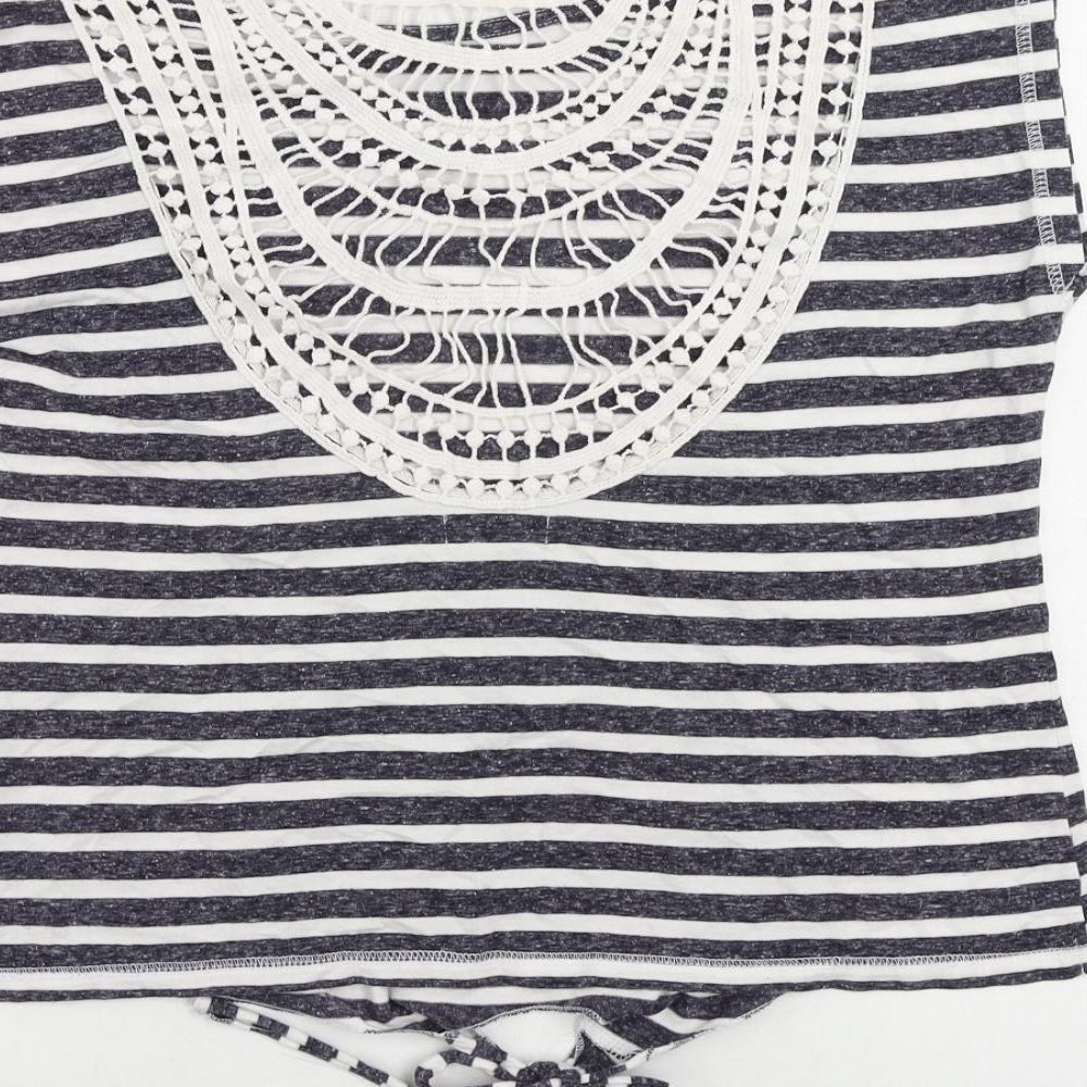 Aniston Womens Blue Striped Cotton Basic T-Shirt Size 14 Round Neck - Crochet Detail