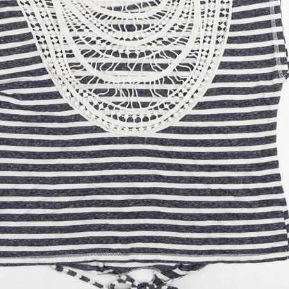 Aniston Womens Blue Striped Cotton Basic T-Shirt Size 14 Round Neck - Crochet Detail