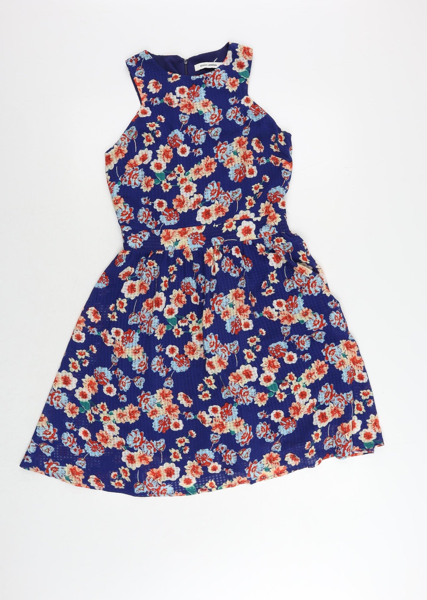 Style London Womens Blue Floral Polyester Fit & Flare Size S Round Neck Zip
