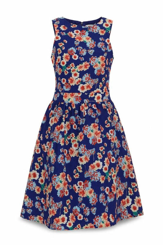 Style London Womens Blue Floral Polyester Fit & Flare Size S Round Neck Zip