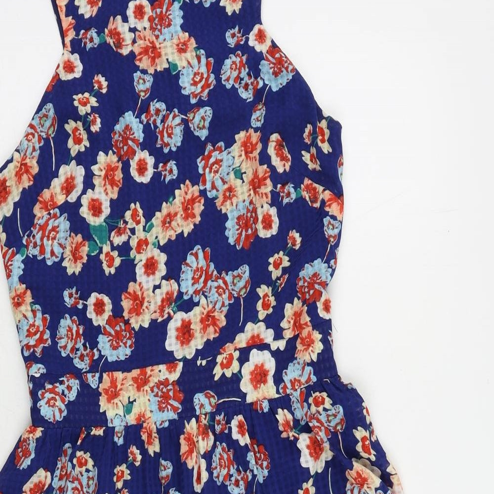Style London Womens Blue Floral Polyester Fit & Flare Size S Round Neck Zip