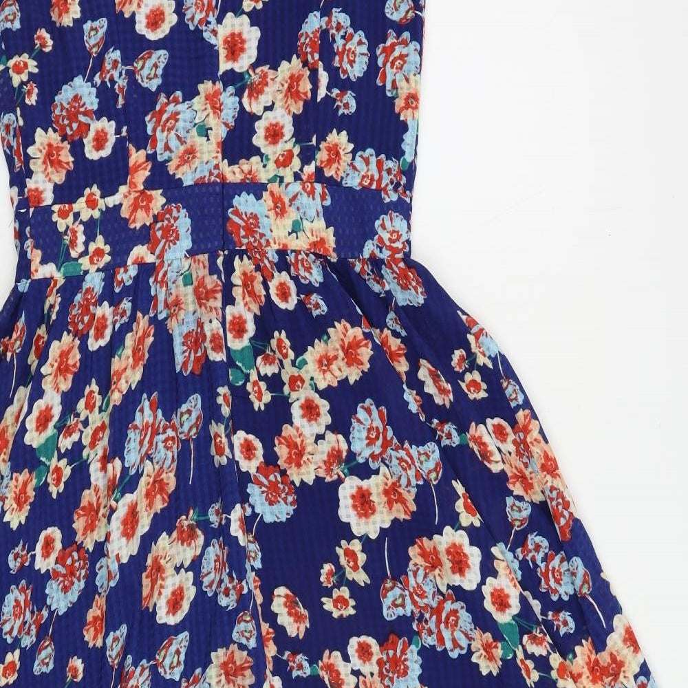 Style London Womens Blue Floral Polyester Fit & Flare Size S Round Neck Zip