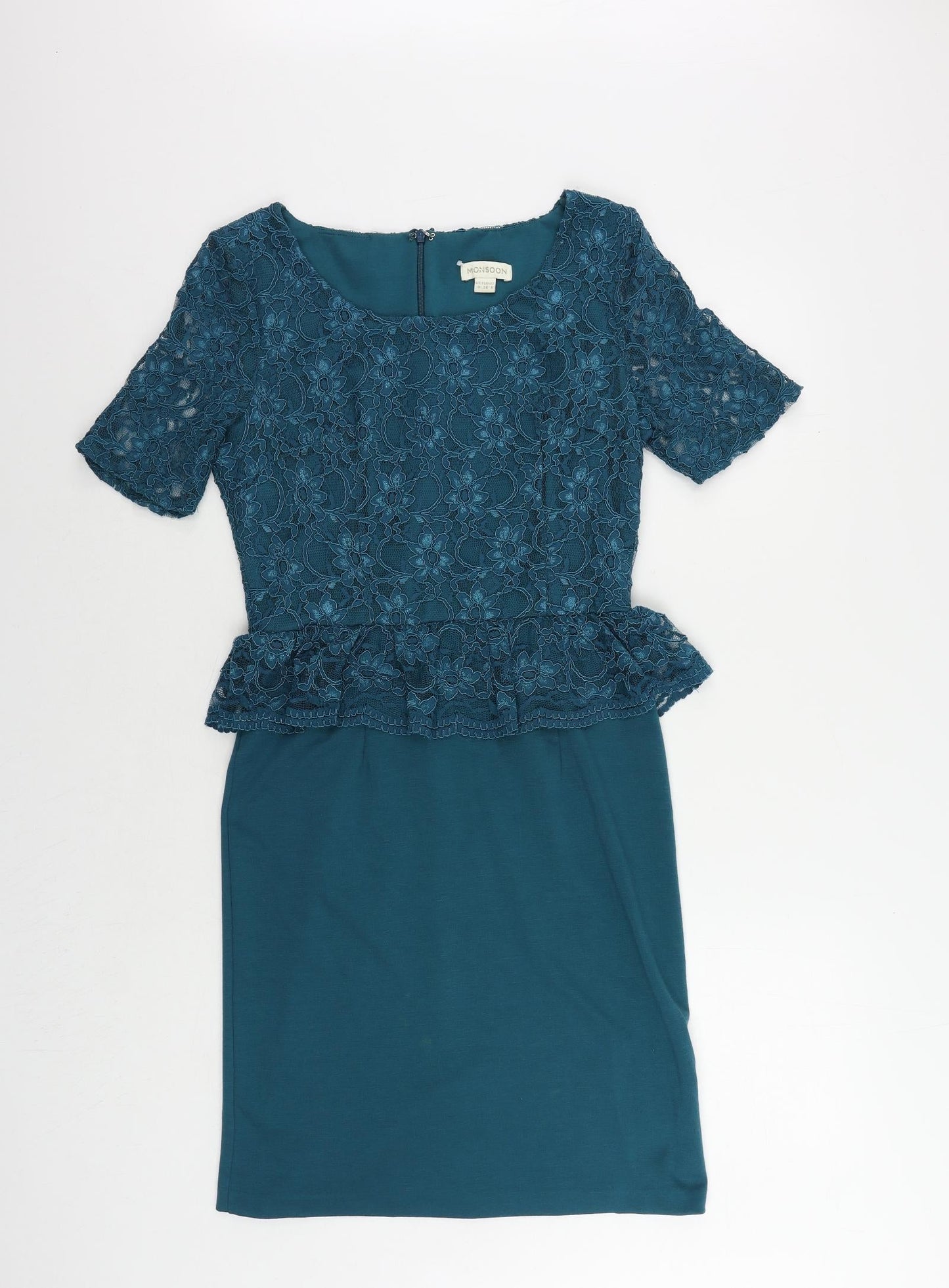 Monsoon Womens Green Polyester Pencil Dress Size 10 Boat Neck Zip - Peplum