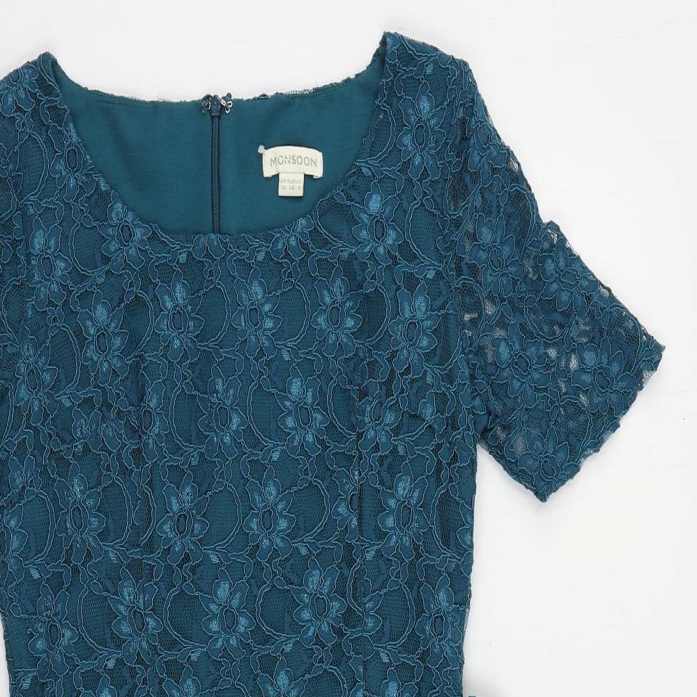 Monsoon Womens Green Polyester Pencil Dress Size 10 Boat Neck Zip - Peplum