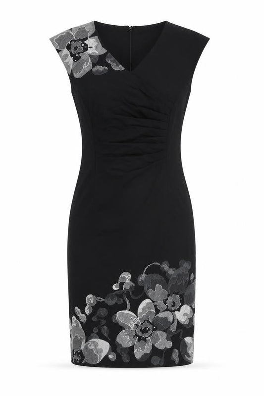 Front view of Kaliko women’s black cotton pencil dress, size UK 8, v-neck zip - embroidered