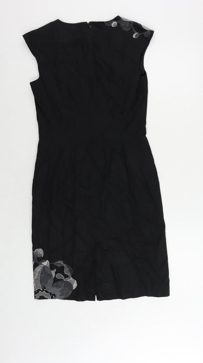 Kaliko Womens Black Cotton Pencil Dress Size 8 V-Neck Zip - Embroidered