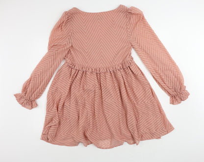 ASOS Womens Pink Striped Polyester Fit & Flare Size 8 V-Neck Pullover - Ruffle