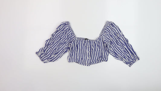 FOREVER 21 Womens Black Striped Cotton Cropped Button-Up Size S Square Neck