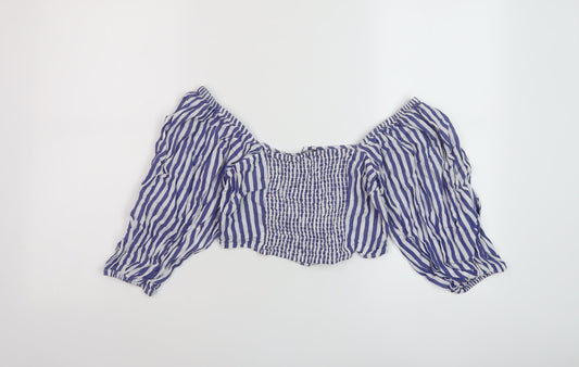 FOREVER 21 Womens Black Striped Cotton Cropped Button-Up Size S Square Neck