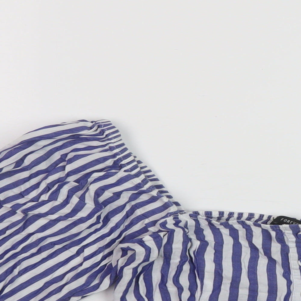 FOREVER 21 Womens Black Striped Cotton Cropped Button-Up Size S Square Neck