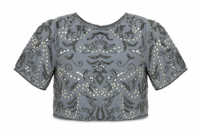 Lace and Beads Womens Grey Geometric Polyester Cropped Blouse Size S Round Neck