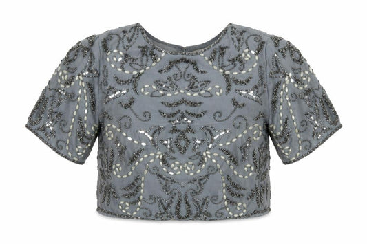 Lace and Beads Womens Grey Geometric Polyester Cropped Blouse Size S Round Neck