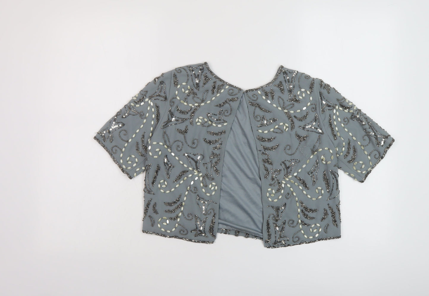 Lace and Beads Womens Grey Geometric Polyester Cropped Blouse Size S Round Neck