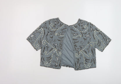 Lace and Beads Womens Grey Geometric Polyester Cropped Blouse Size S Round Neck