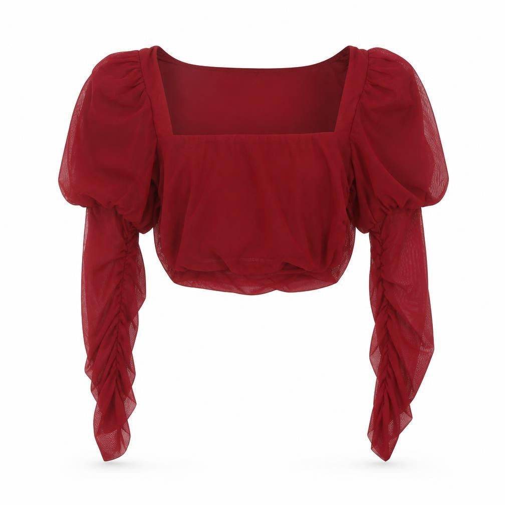 Front view of Ah Polly women’s red polyester basic blouse, size UK 12, square neck