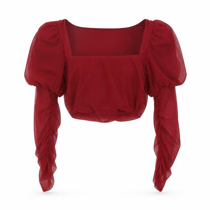 Front view of Ah Polly women’s red polyester basic blouse, size UK 12, square neck