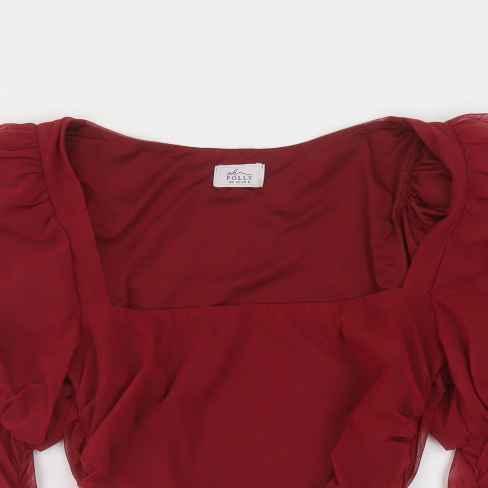 Close-up detail of Ah Polly women’s red polyester basic blouse, size UK 12, square neck