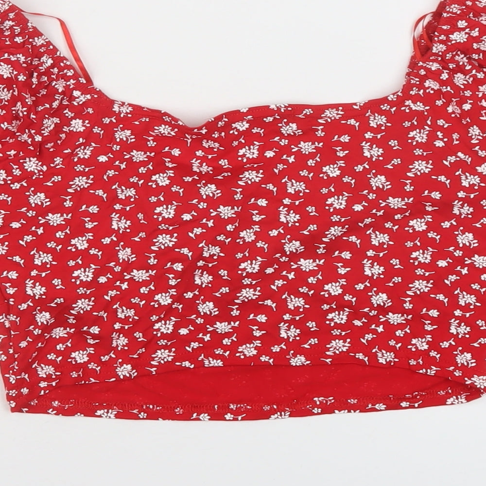 Quiz Womens Red Floral Viscose Cropped Blouse Size 10 Round Neck
