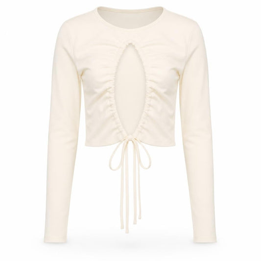 Front view of AsYou women’s ivory polyester cropped blouse, size UK 8, round neck