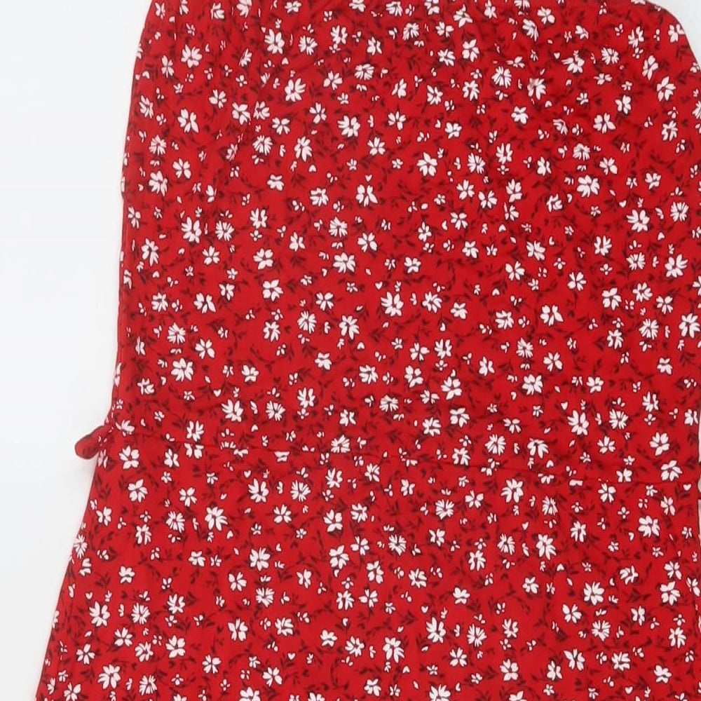 PRETTYLITTLETHING Womens Red Floral Polyester Mini Size 12 Square Neck Pullover