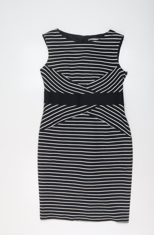 Marks and Spencer Womens Blue Striped Acrylic Sheath Size 14 Round Neck Zip