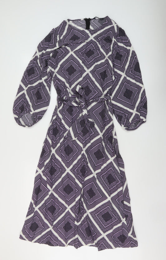 Marks and Spencer Womens Purple Geometric Viscose A-Line Size 10 Round Neck Zip