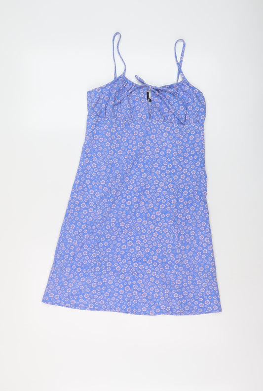 Monki Womens Blue Floral Polyester Mini Size 8 Round Neck