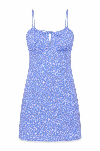 Monki Womens Blue Floral Polyester Mini Size 8 Round Neck