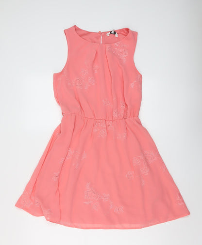 New Look Womens Pink Polyester A-Line Size 12 Round Neck Button