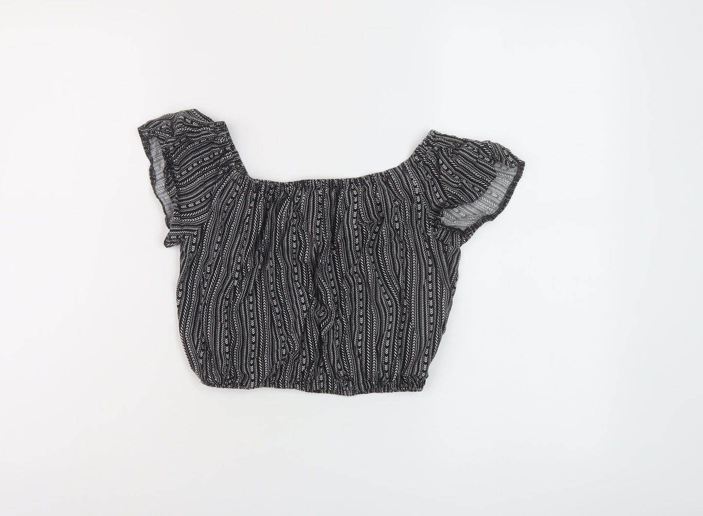 New Look Girls Black Geometric Viscose Cropped Blouse Size 13 Years Square Neck Pullover