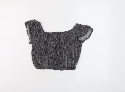 New Look Girls Black Geometric Viscose Cropped Blouse Size 13 Years Square Neck Pullover