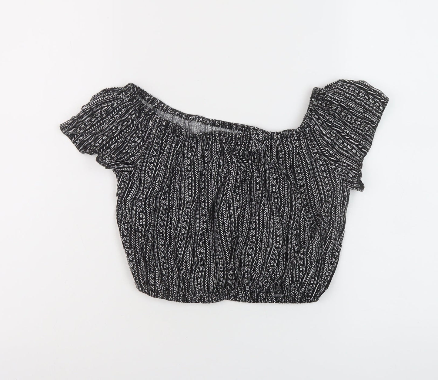 New Look Girls Black Geometric Viscose Cropped Blouse Size 13 Years Square Neck Pullover