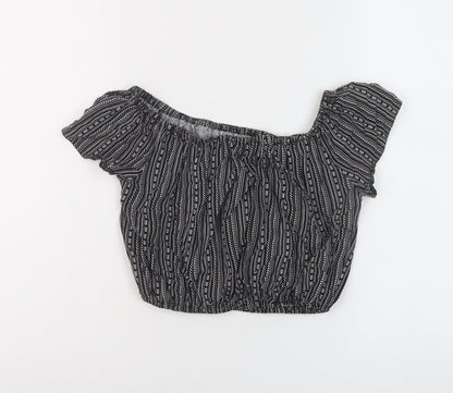 New Look Girls Black Geometric Viscose Cropped Blouse Size 13 Years Square Neck Pullover