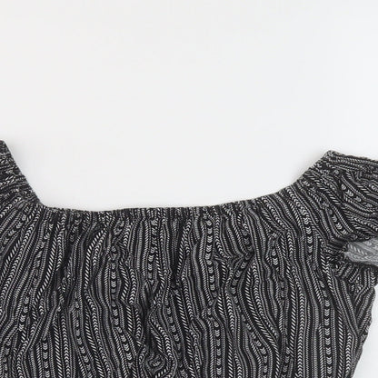 New Look Girls Black Geometric Viscose Cropped Blouse Size 13 Years Square Neck Pullover