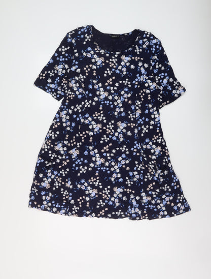 Roman Womens Blue Floral Viscose A-Line Size 14 Round Neck Pullover