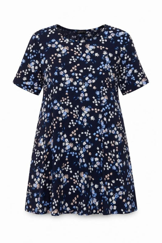 Front view of Roman women’s blue floral viscose a-line, size UK 14, round neck pullover