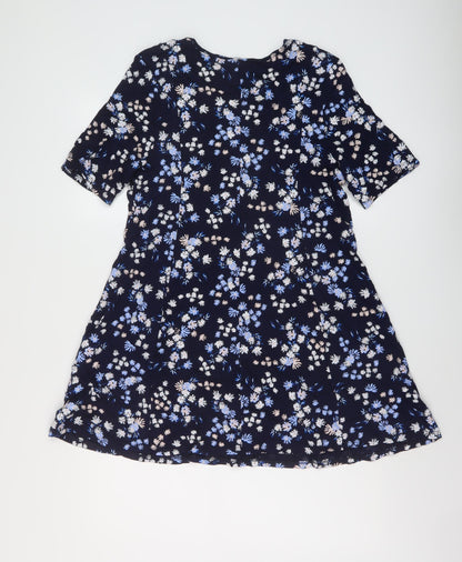Roman Womens Blue Floral Viscose A-Line Size 14 Round Neck Pullover