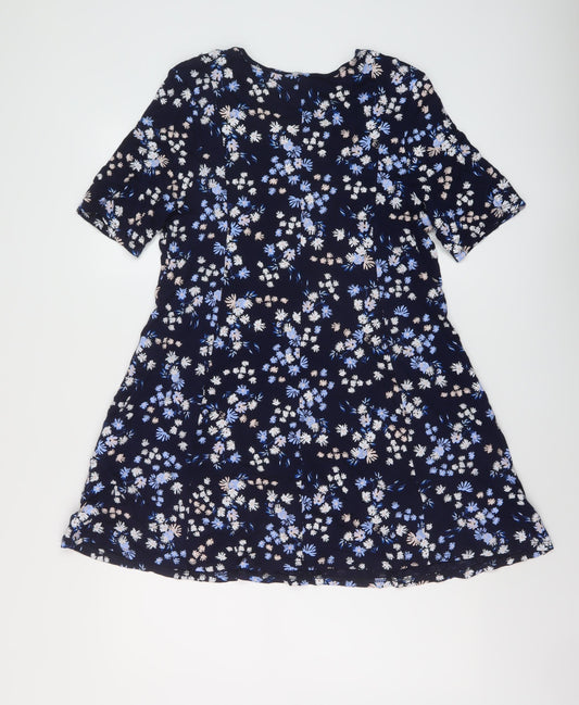 Roman Womens Blue Floral Viscose A-Line Size 14 Round Neck Pullover