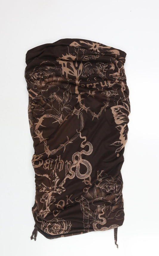 PRETTYLITTLETHING Womens Brown Geometric Polyester Bodycon Size 16 Square Neck Pullover - Drawstring Detail Rouched