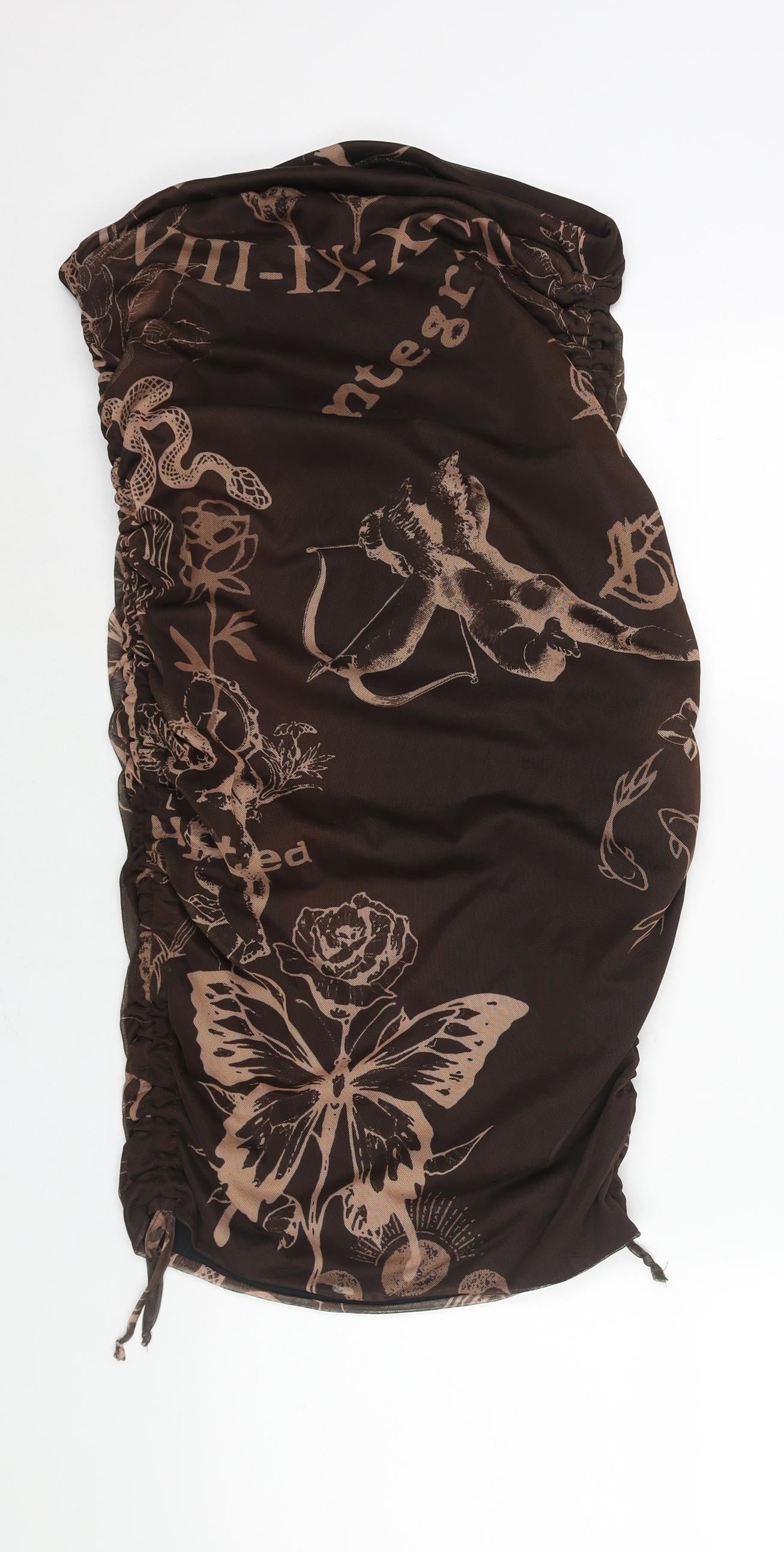 PRETTYLITTLETHING Womens Brown Geometric Polyester Bodycon Size 16 Square Neck Pullover - Drawstring Detail Rouched