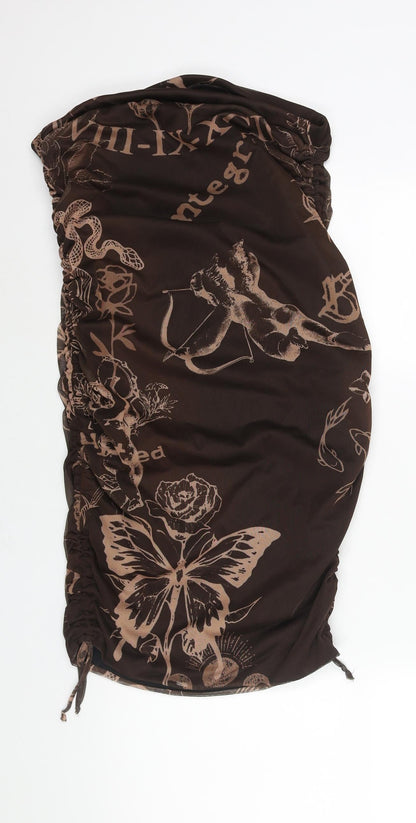 PRETTYLITTLETHING Womens Brown Geometric Polyester Bodycon Size 16 Square Neck Pullover - Drawstring Detail Rouched