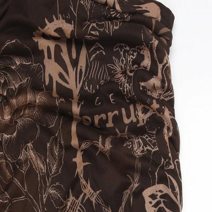 PRETTYLITTLETHING Womens Brown Geometric Polyester Bodycon Size 16 Square Neck Pullover - Drawstring Detail Rouched