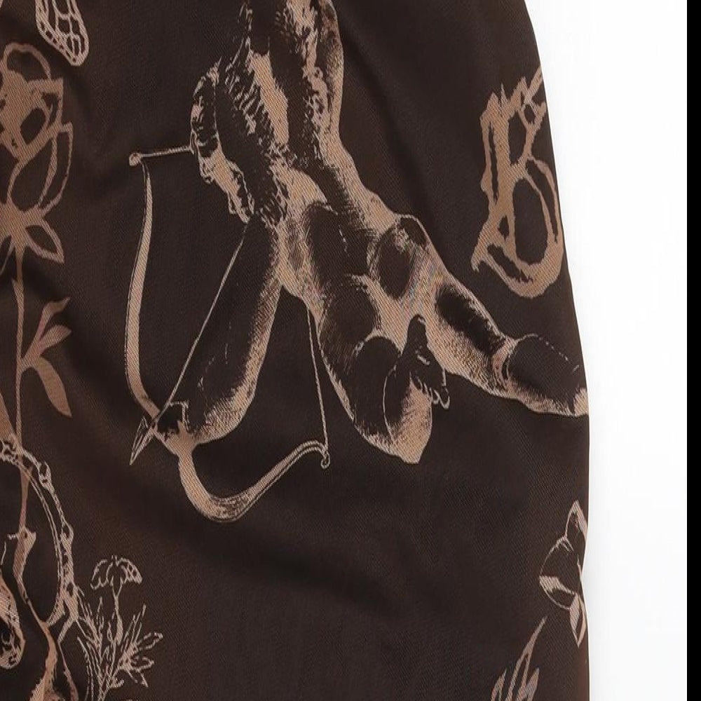 PRETTYLITTLETHING Womens Brown Geometric Polyester Bodycon Size 16 Square Neck Pullover - Drawstring Detail Rouched