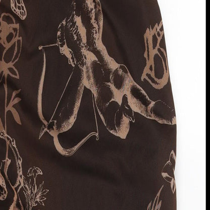 PRETTYLITTLETHING Womens Brown Geometric Polyester Bodycon Size 16 Square Neck Pullover - Drawstring Detail Rouched