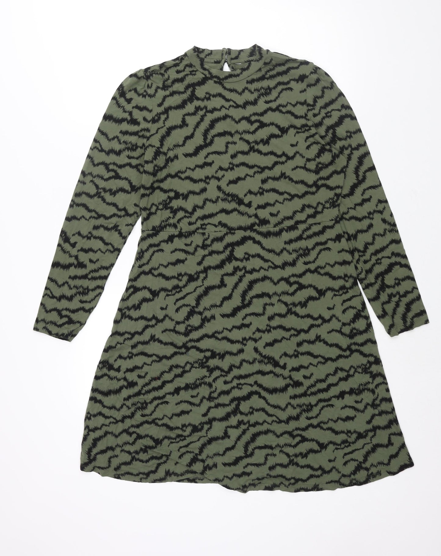 Marks and Spencer Womens Green Geometric Viscose Shift Size 14 Mock Neck Button