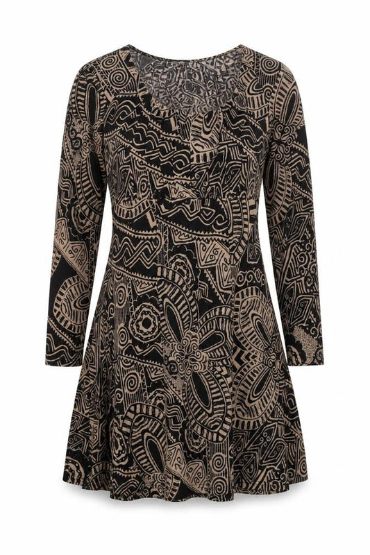 Stella Morgan Womens Brown Geometric Polyester A-Line Size 12 Round Neck Pullover - Belted