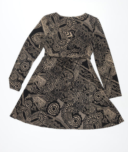 Stella Morgan Womens Brown Geometric Polyester A-Line Size 12 Round Neck Pullover - Belted