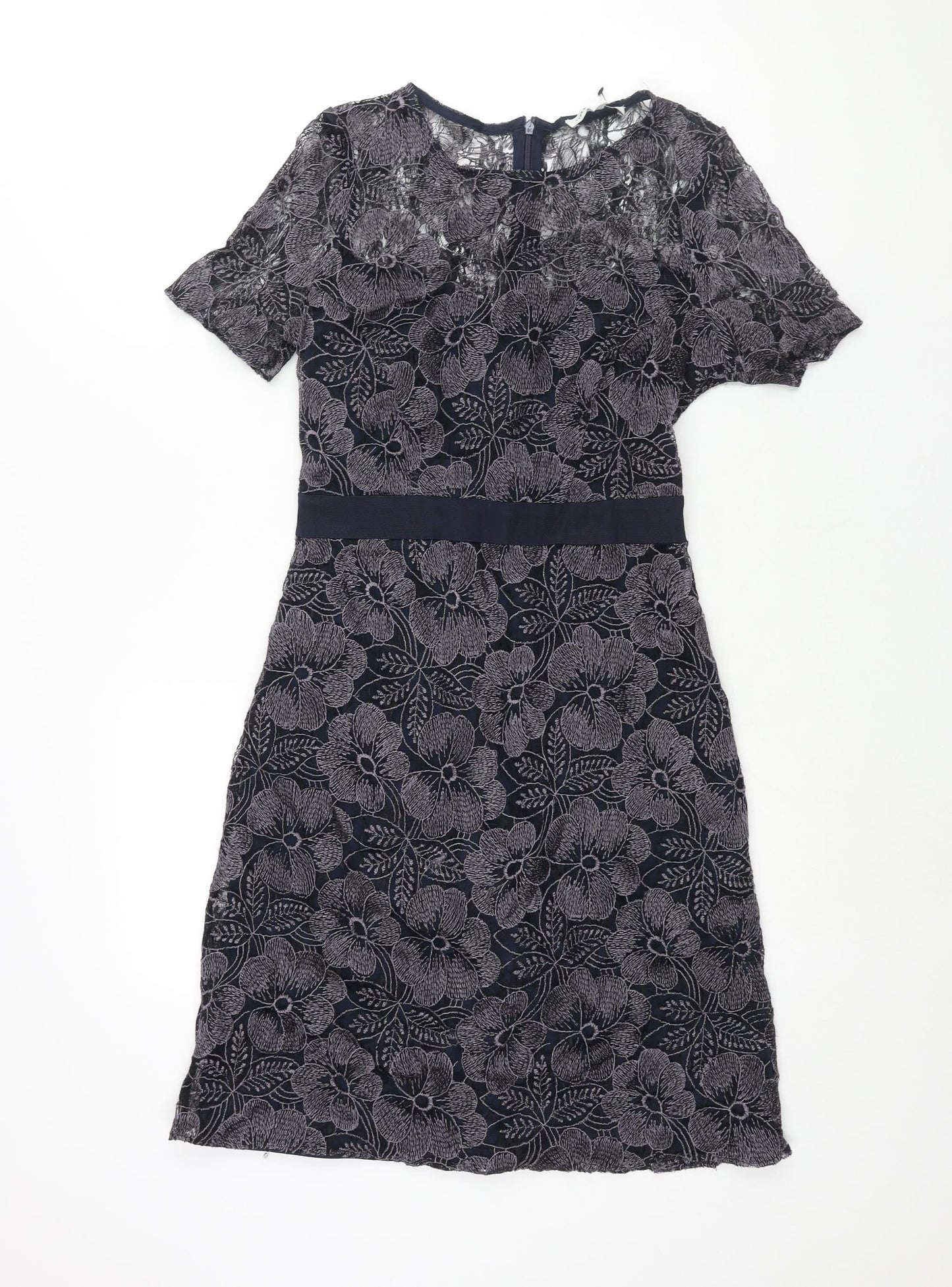 Fenn Wright Manson Womens Blue Polyester Shift Size 8 Round Neck Zip - Belt Detail